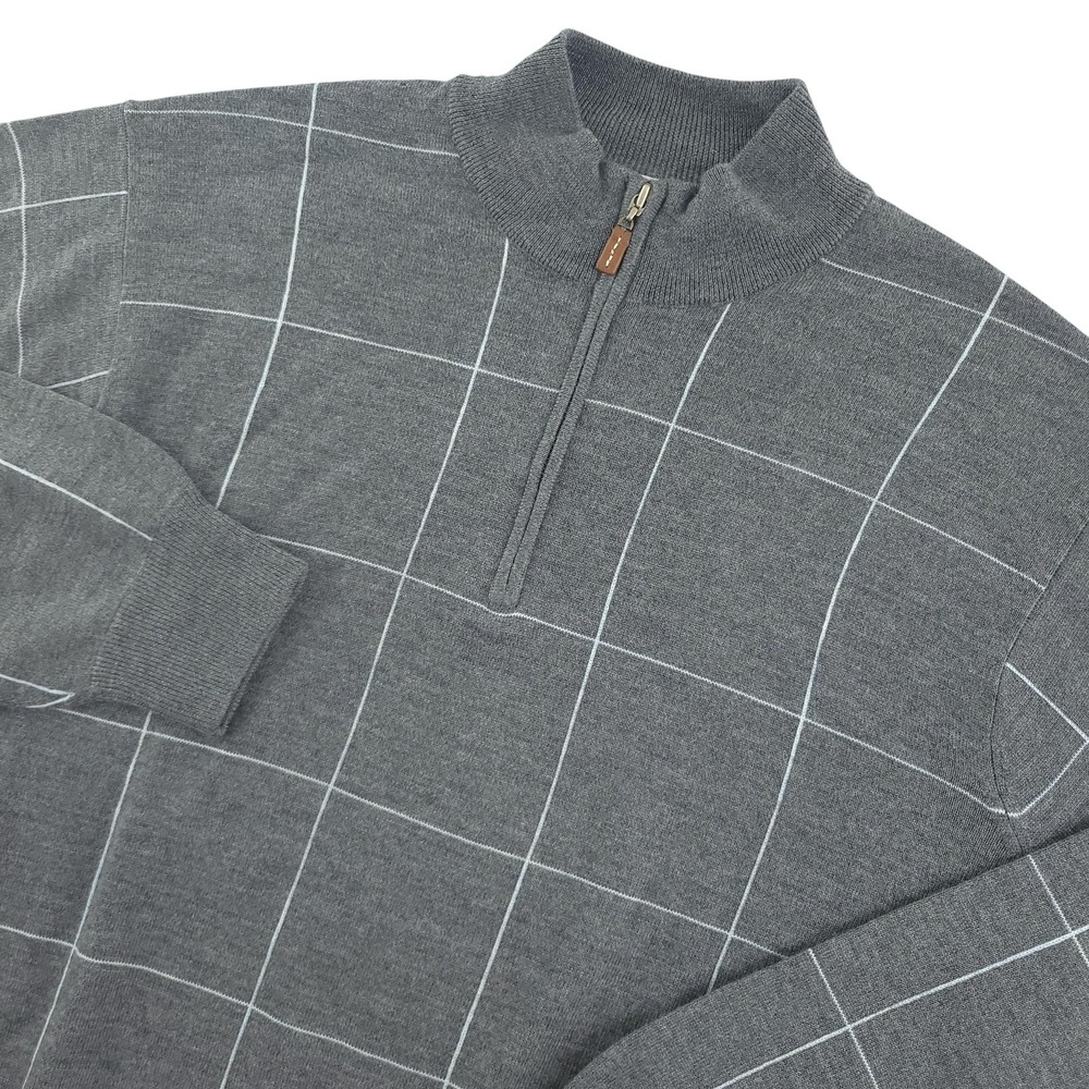 Peter Millar Sweater Mens XL Gray Merino Wool 1/4 Zip Mock Neck Pullover Check - Picture 1 of 12